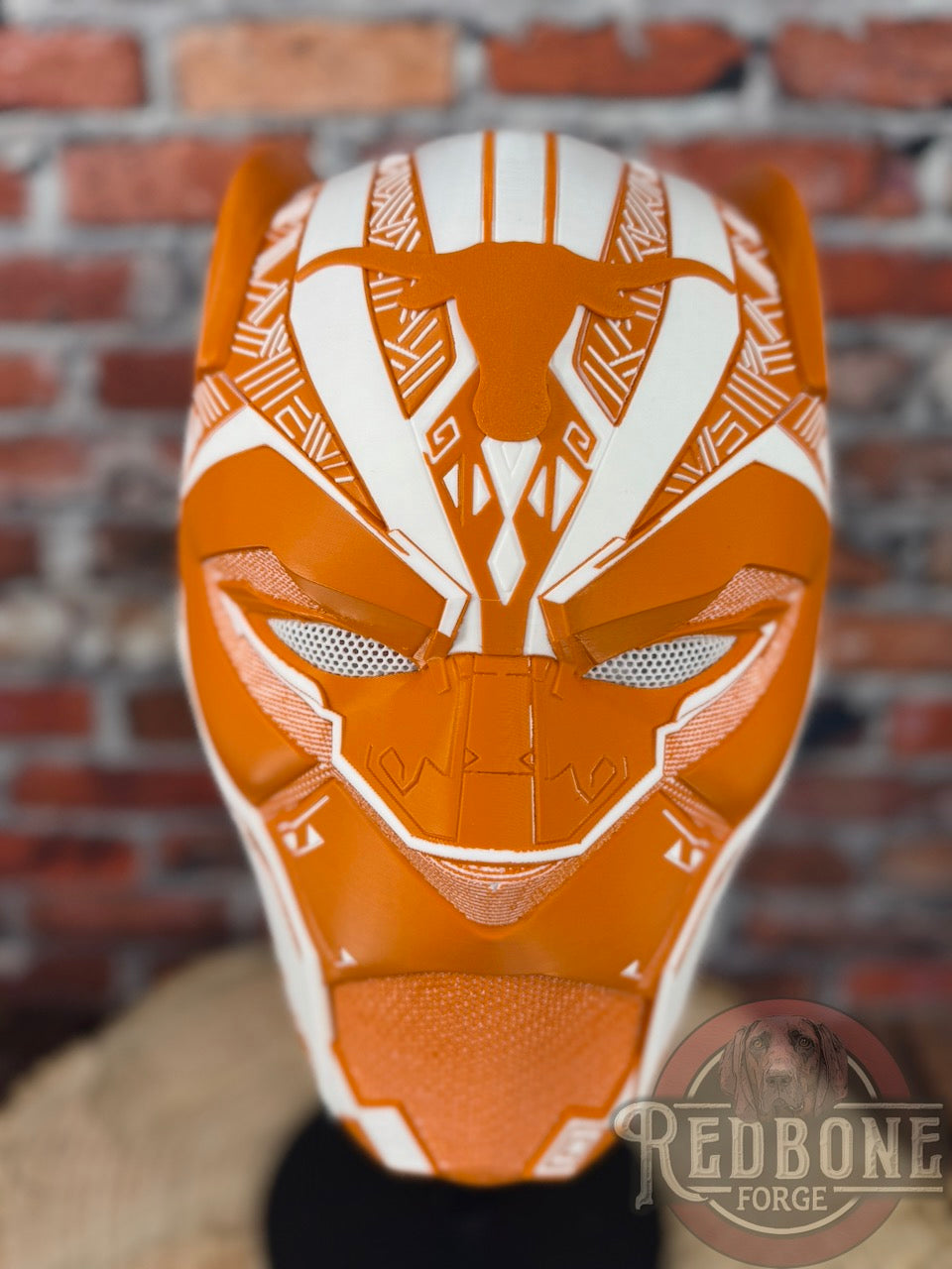 Longhorn-Inspired Burnt Orange & White Tribal Cat Warrior Helmet