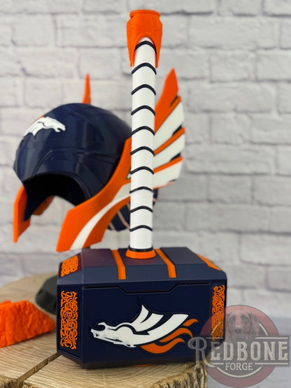 Broncos-Inspired Blue & Orange Norse God Helmet & Hammer