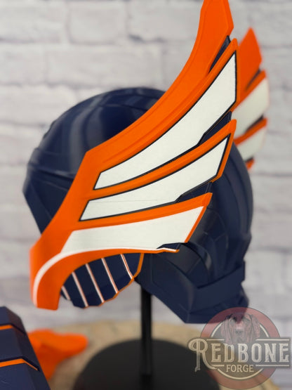 Broncos-Inspired Blue & Orange Norse God Helmet & Hammer