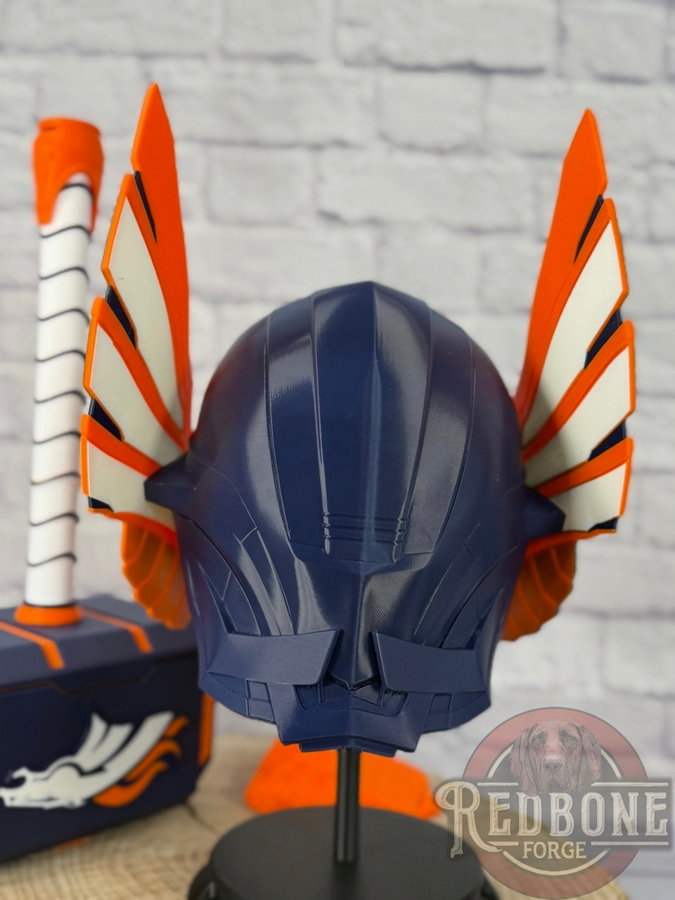 Broncos-Inspired Blue & Orange Norse God Helmet & Hammer