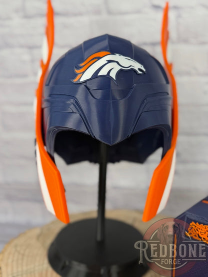 Broncos-Inspired Blue & Orange Norse God Helmet & Hammer