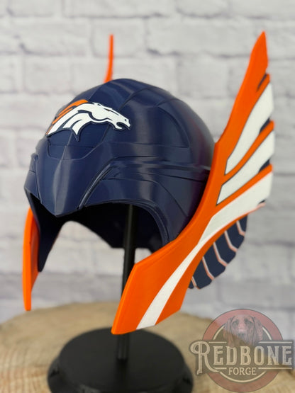 Broncos-Inspired Blue & Orange Norse God Helmet & Hammer