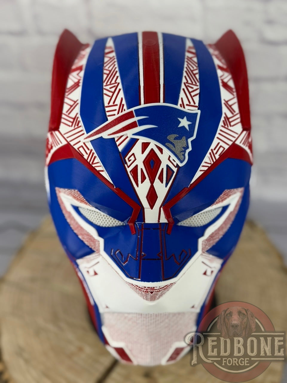 Patriots-Inspired Red, White, & Blue Tribal Cat Warrior Helmet