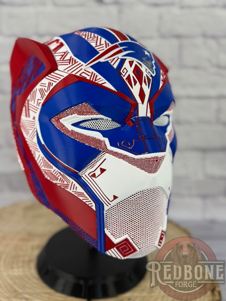 Patriots-Inspired Red, White, & Blue Tribal Cat Warrior Helmet
