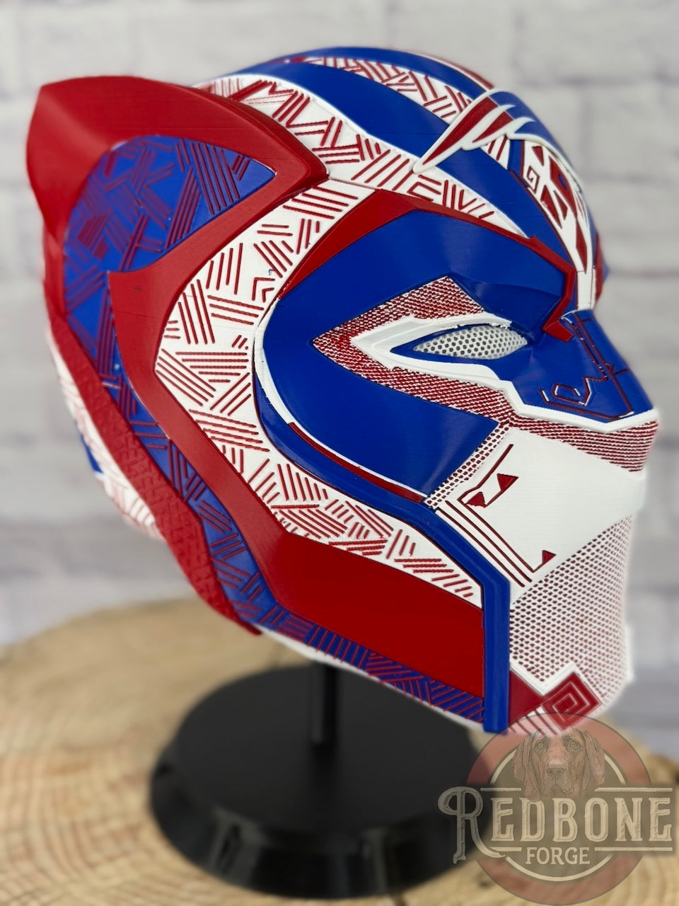 Patriots-Inspired Red, White, & Blue Tribal Cat Warrior Helmet
