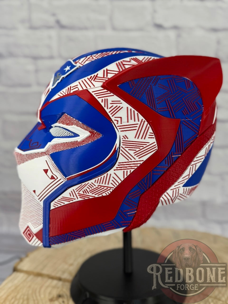 Patriots-Inspired Red, White, & Blue Tribal Cat Warrior Helmet