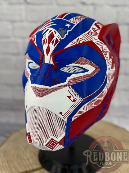 Patriots-Inspired Red, White, & Blue Tribal Cat Warrior Helmet