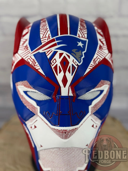 Patriots-Inspired Red, White, & Blue Tribal Cat Warrior Helmet