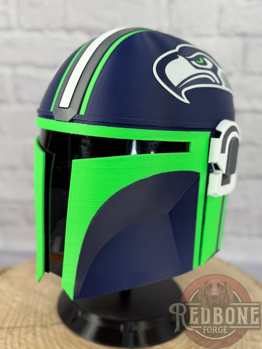 Seattle-Inspired Navy Blue & Action Green Mandalorian Helmet