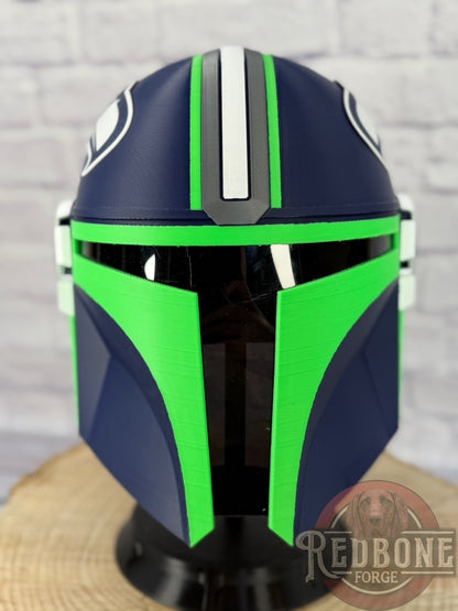 Seattle-Inspired Navy Blue & Action Green Mandalorian Helmet
