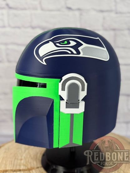 Seattle-Inspired Navy Blue & Action Green Mandalorian Helmet