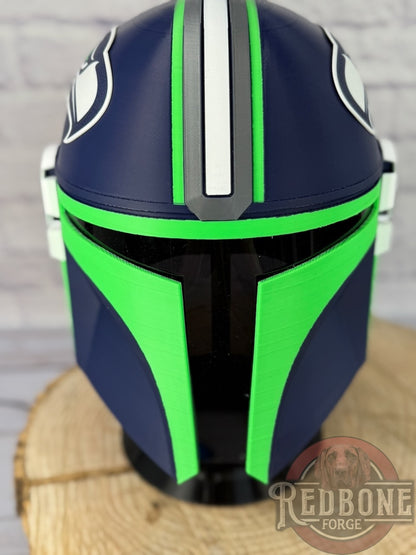 Seattle-Inspired Navy Blue & Action Green Mandalorian Helmet