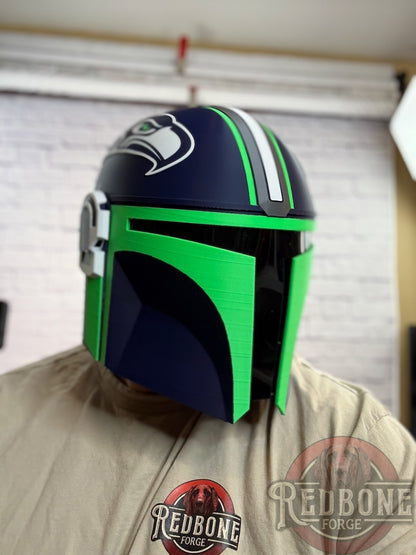 Seattle-Inspired Navy Blue & Action Green Mandalorian Helmet