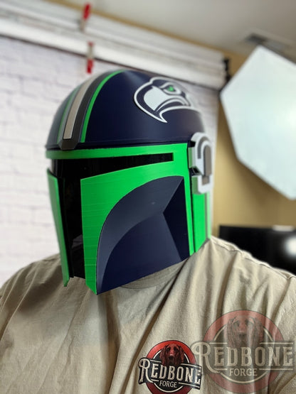Seattle-Inspired Navy Blue & Action Green Mandalorian Helmet