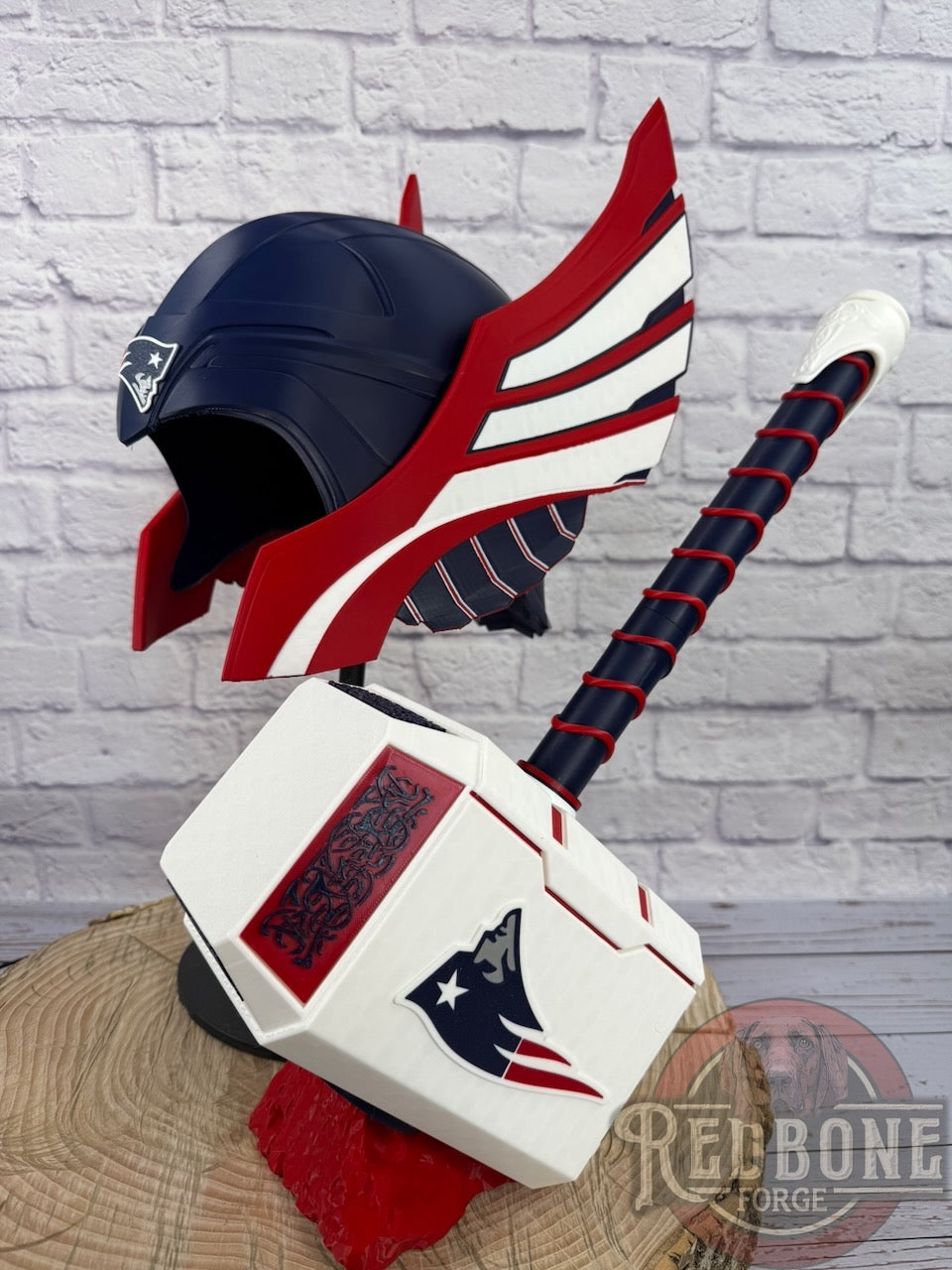 Patriots-Inspired Red, White, & Blue Norse God Helmet & Hammer