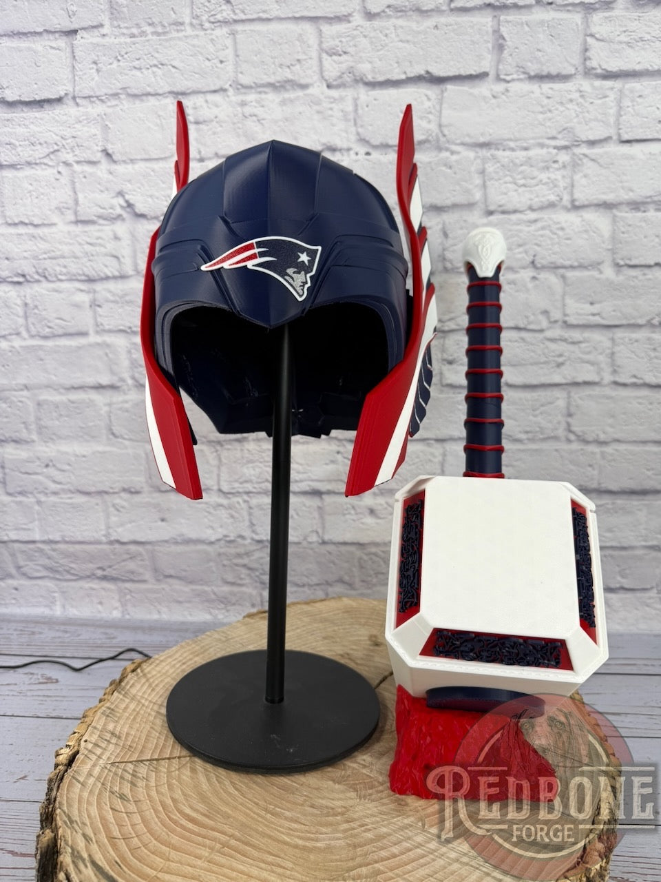 Patriots-Inspired Red, White, & Blue Norse God Helmet & Hammer