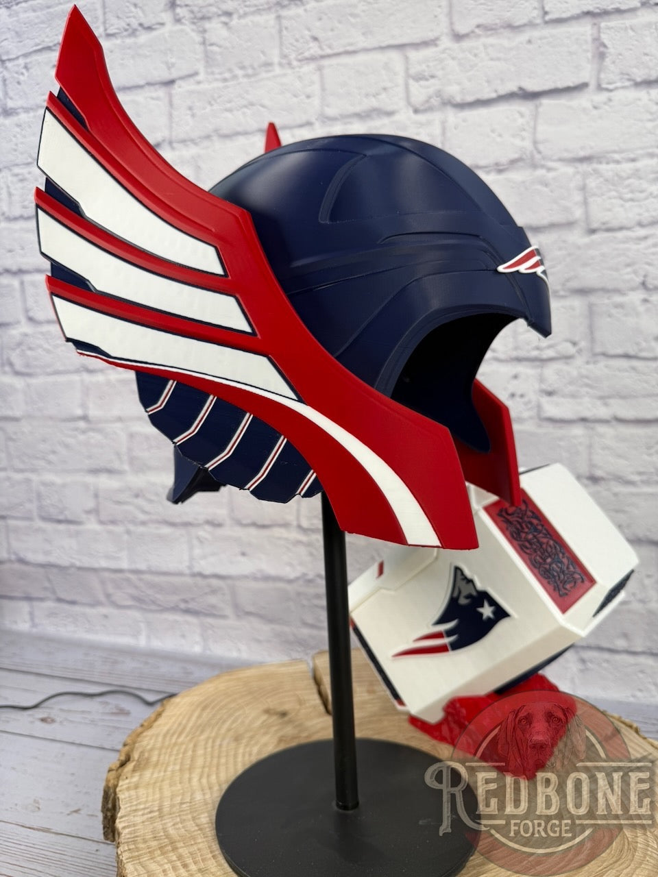 Patriots-Inspired Red, White, & Blue Norse God Helmet & Hammer