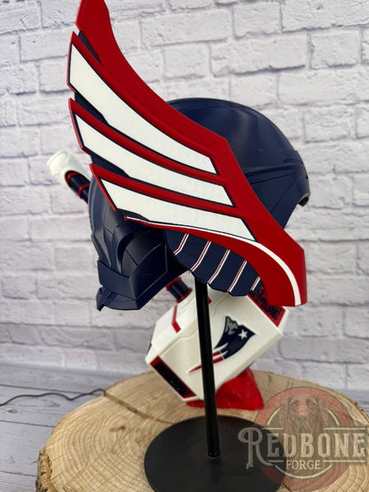 Patriots-Inspired Red, White, & Blue Norse God Helmet & Hammer