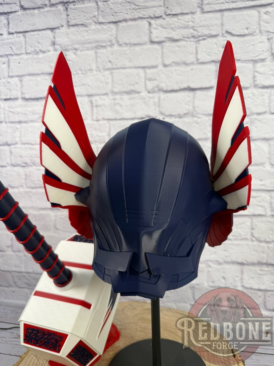 Patriots-Inspired Red, White, & Blue Norse God Helmet & Hammer