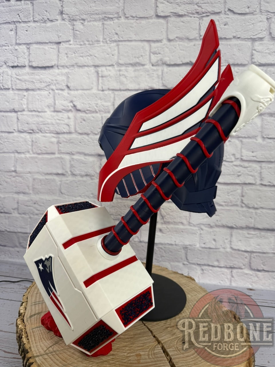 Patriots-Inspired Red, White, & Blue Norse God Helmet & Hammer