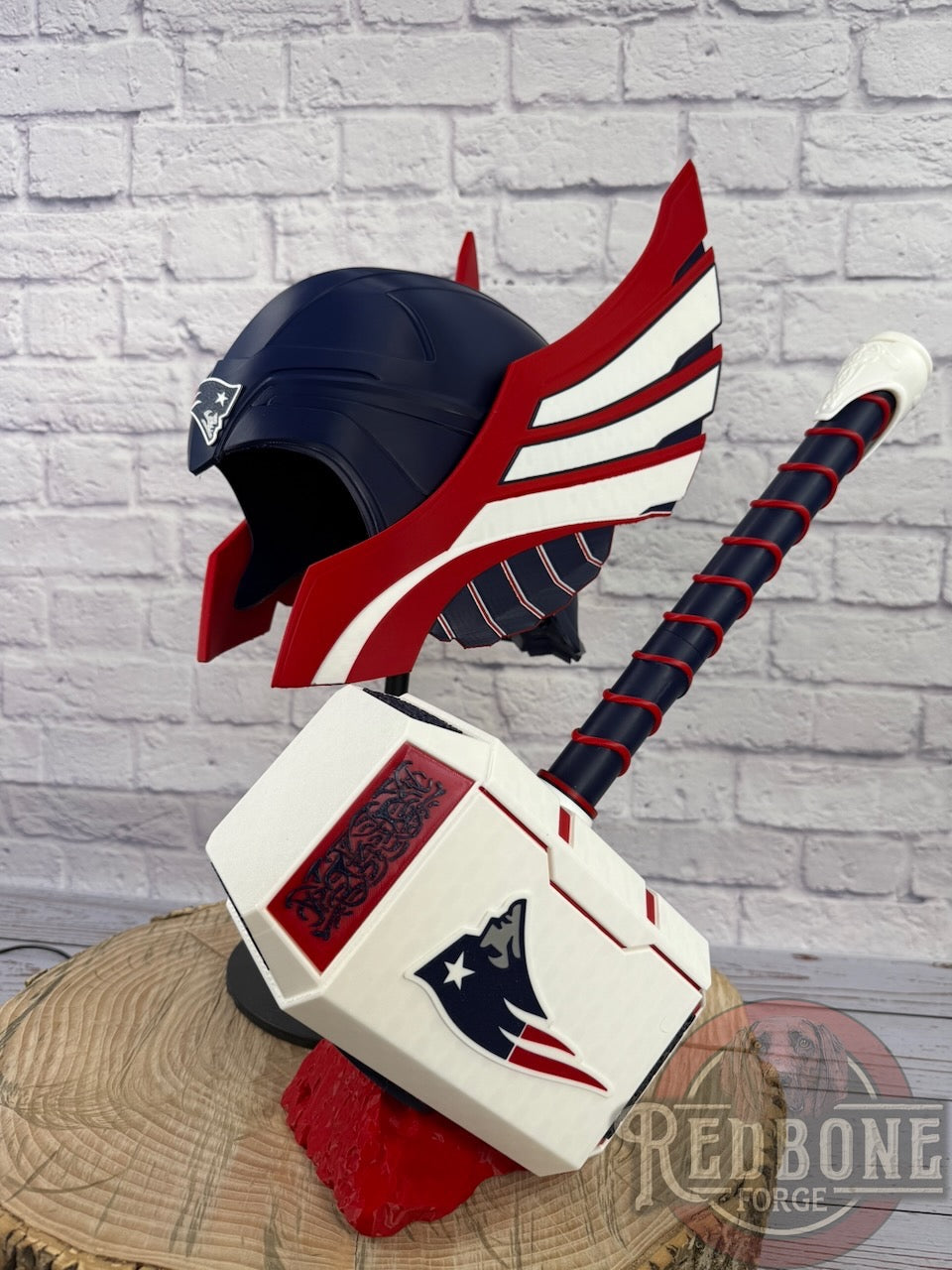 Patriots-Inspired Red, White, & Blue Norse God Helmet & Hammer