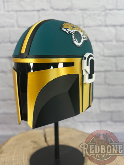 Jacksonville-Inspired Teal, Gold, & Black Mandalorian Helmet
