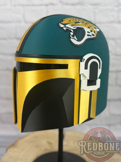Jacksonville-Inspired Teal, Gold, & Black Mandalorian Helmet