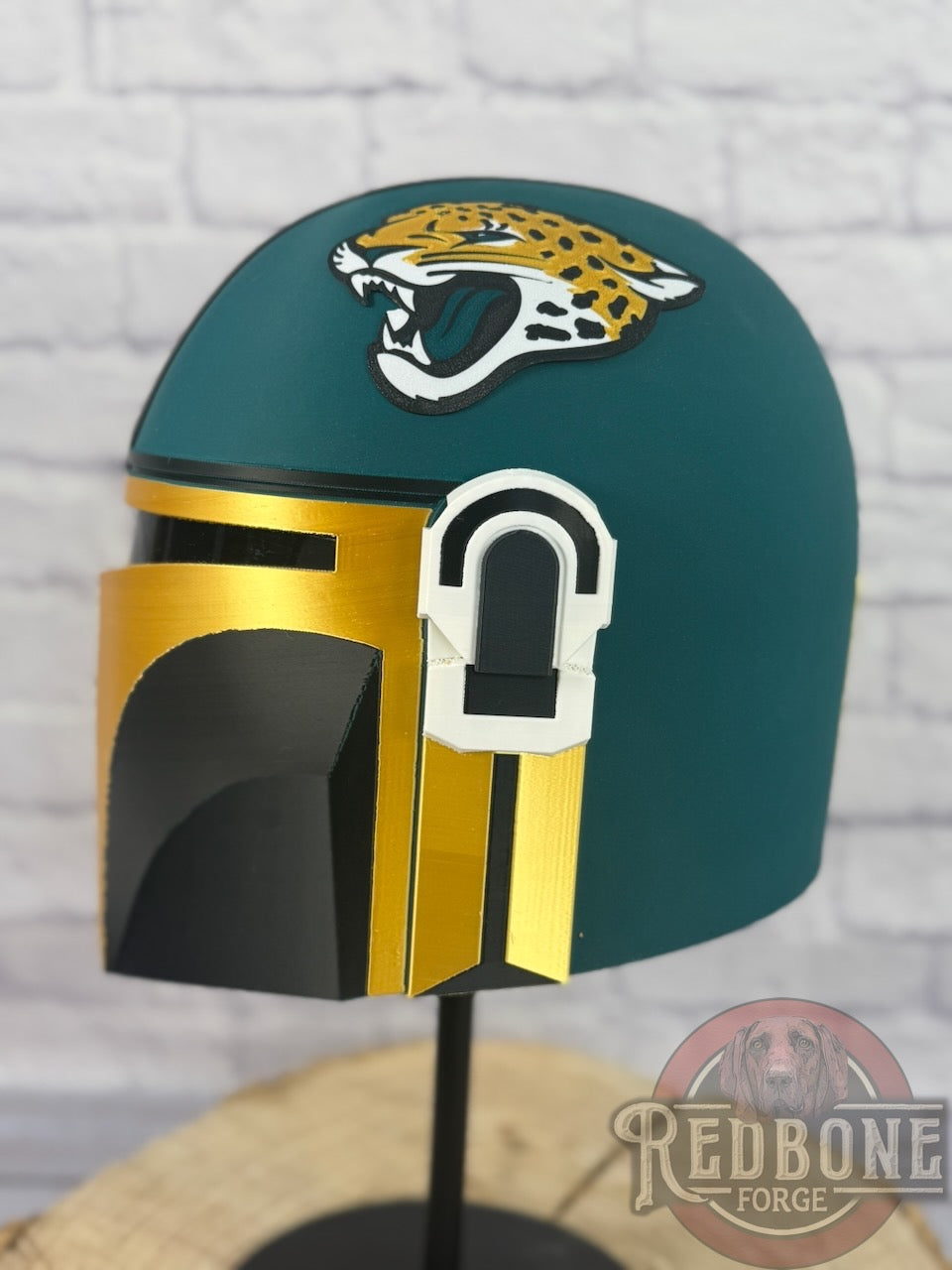 Jacksonville-Inspired Teal, Gold, & Black Mandalorian Helmet