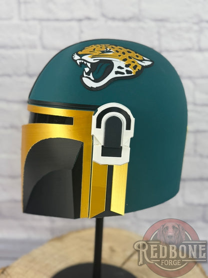 Jacksonville-Inspired Teal, Gold, & Black Mandalorian Helmet
