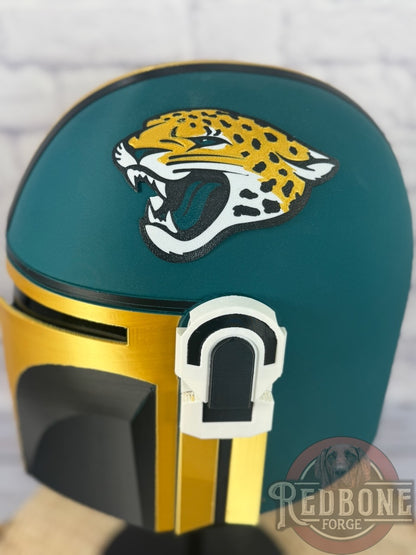 Jacksonville-Inspired Teal, Gold, & Black Mandalorian Helmet