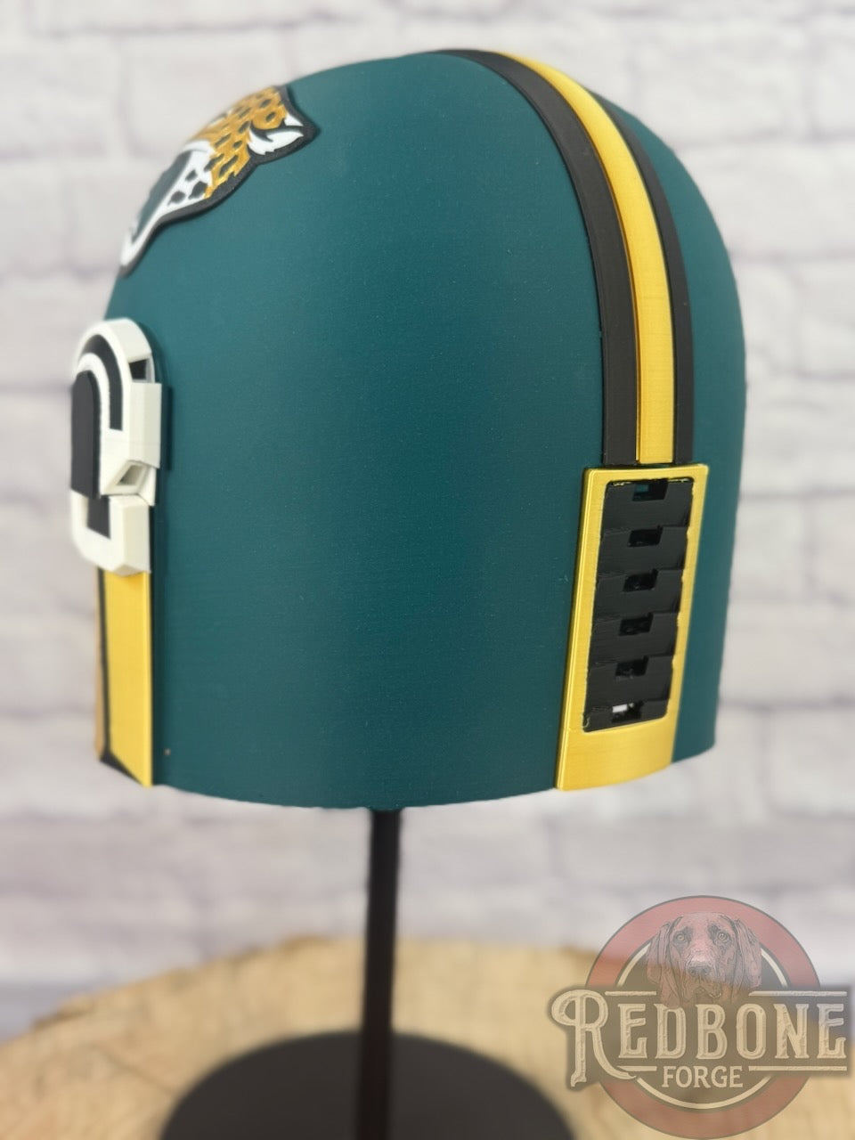 Jacksonville-Inspired Teal, Gold, & Black Mandalorian Helmet