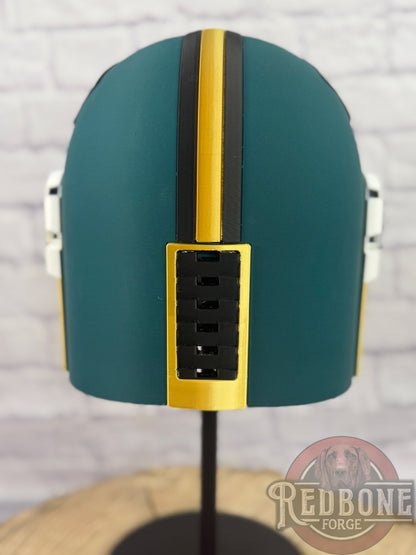 Jacksonville-Inspired Teal, Gold, & Black Mandalorian Helmet