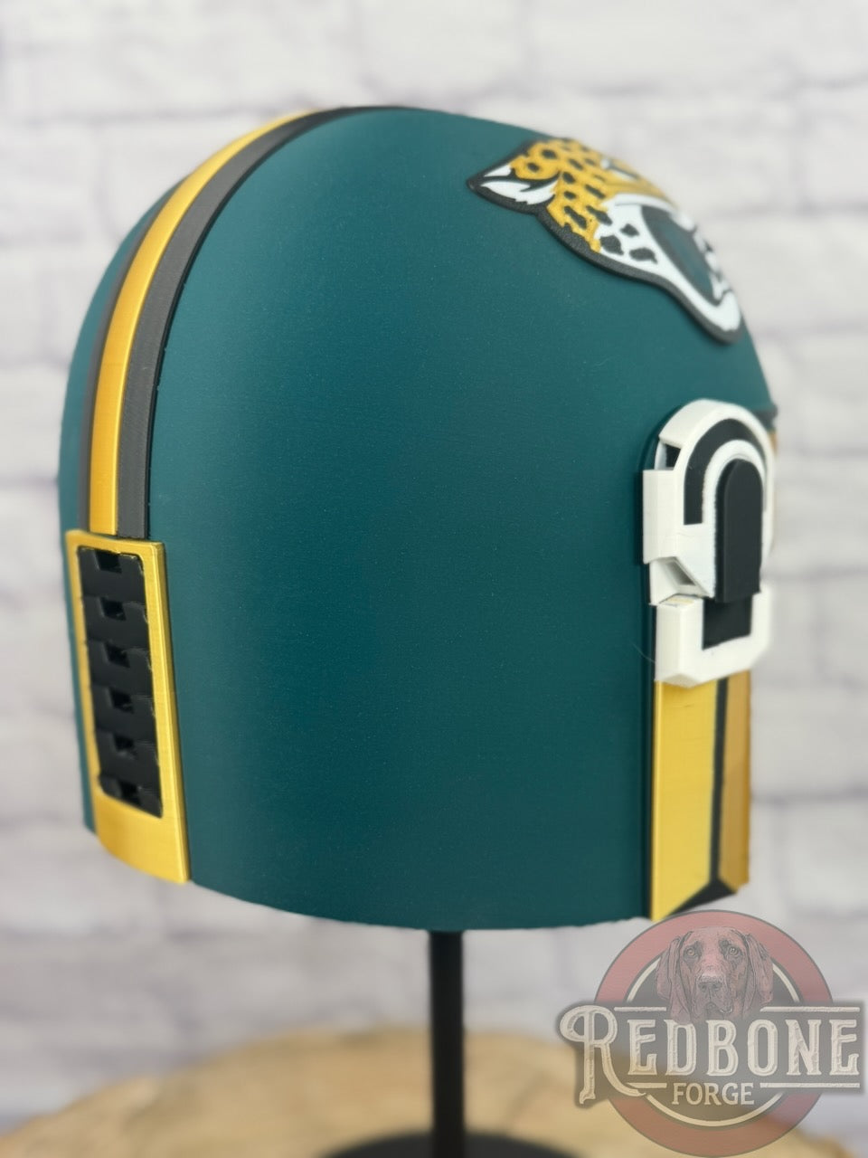 Jacksonville-Inspired Teal, Gold, & Black Mandalorian Helmet