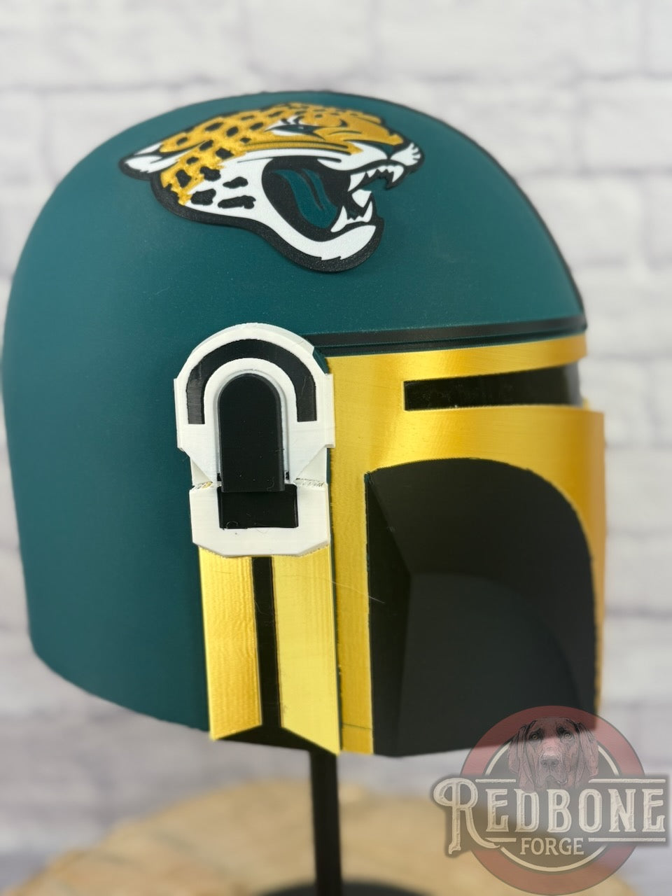 Jacksonville-Inspired Teal, Gold, & Black Mandalorian Helmet