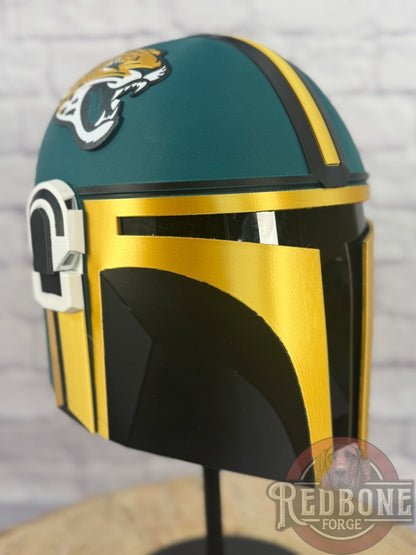 Jacksonville-Inspired Teal, Gold, & Black Mandalorian Helmet