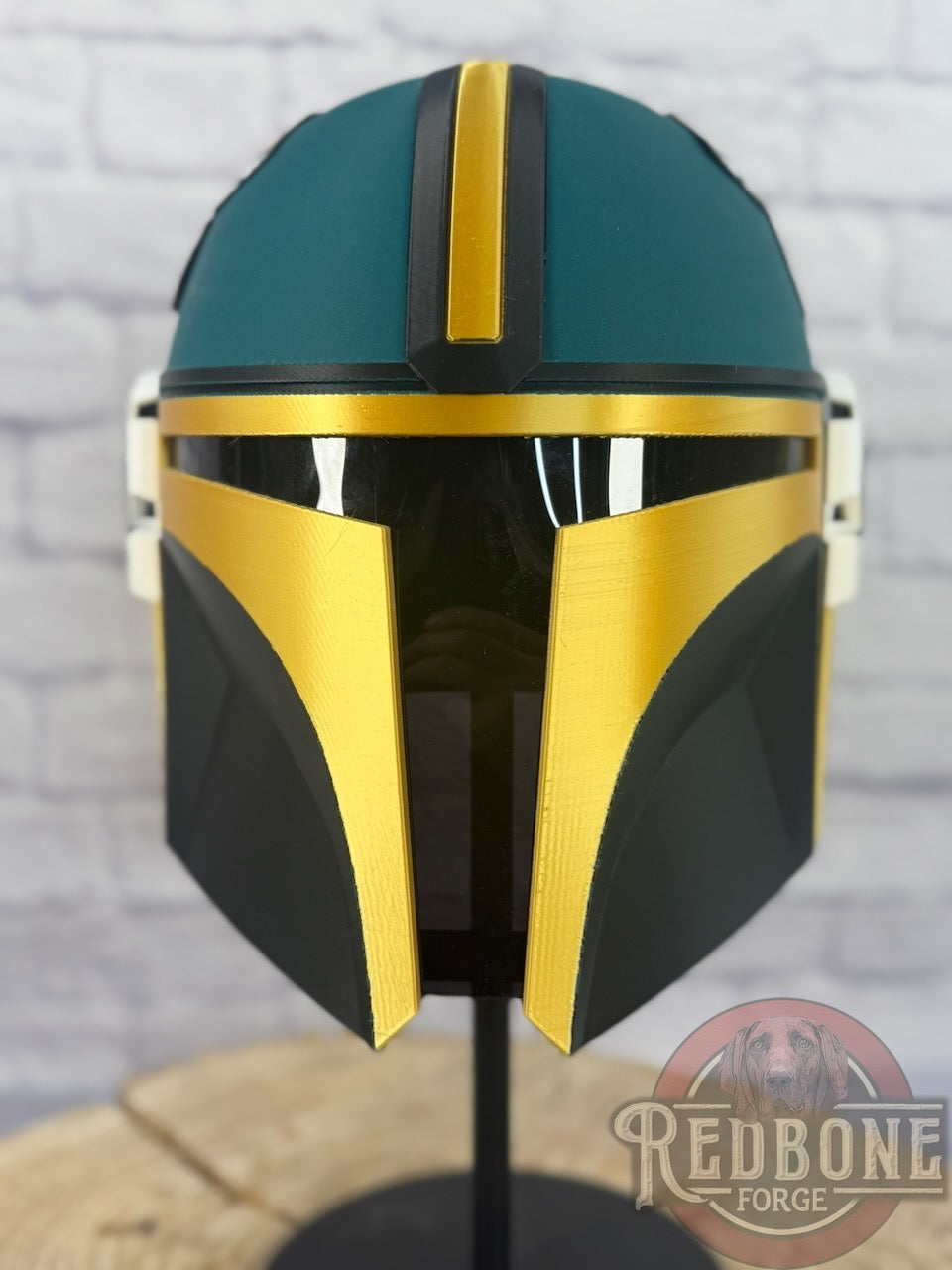 Jacksonville-Inspired Teal, Gold, & Black Mandalorian Helmet