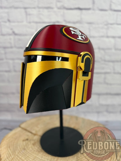 San Francisco-Inspired Crimson, Gold, & Black 49ers Mandalorian Helmet