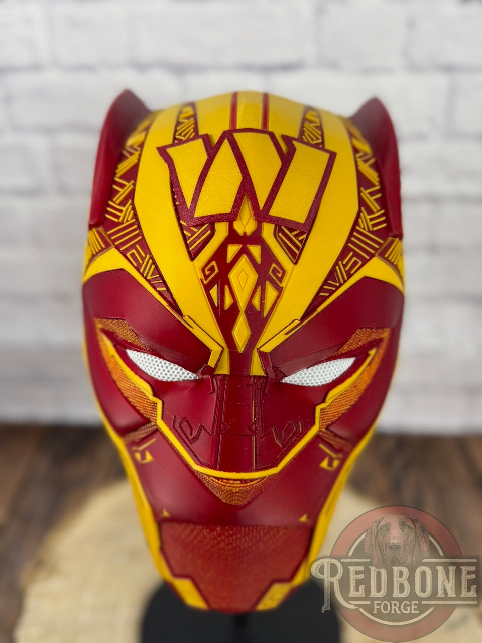 Washington-Inspired Red & Gold Tribal Cat Warrior Helmet