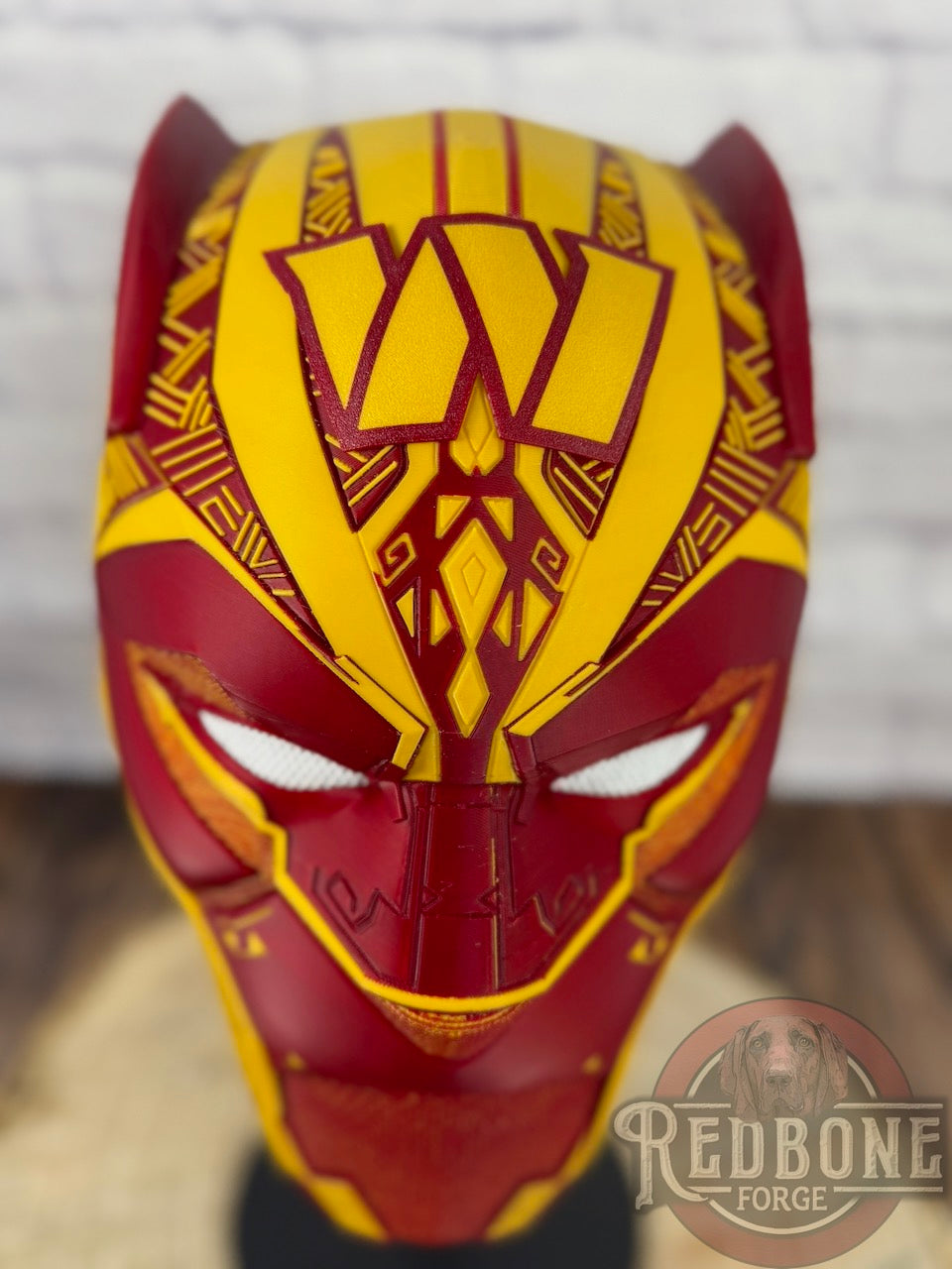 Washington-Inspired Red & Gold Tribal Cat Warrior Helmet