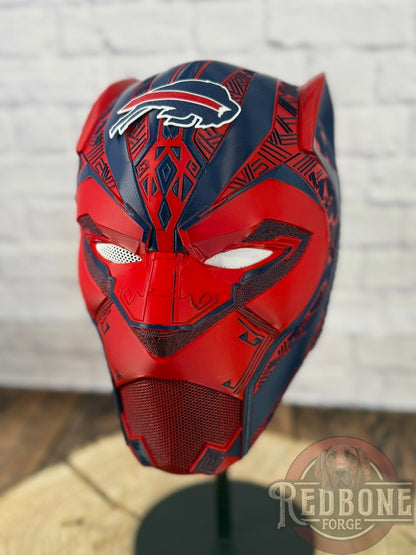 Buffalo-Inspired Navy & Red Tribal Cat Warrior Helmet