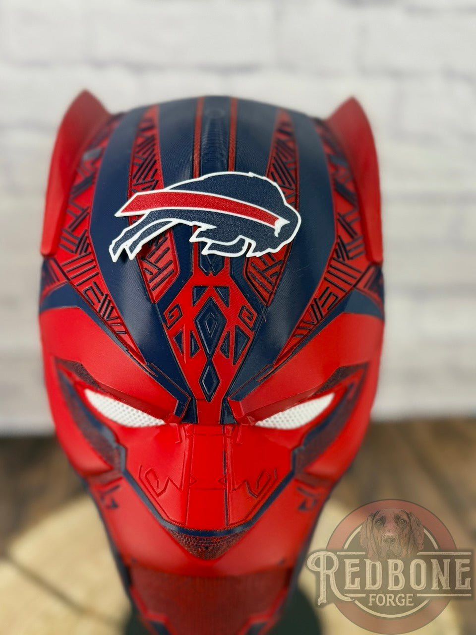 Buffalo-Inspired Navy & Red Tribal Cat Warrior Helmet