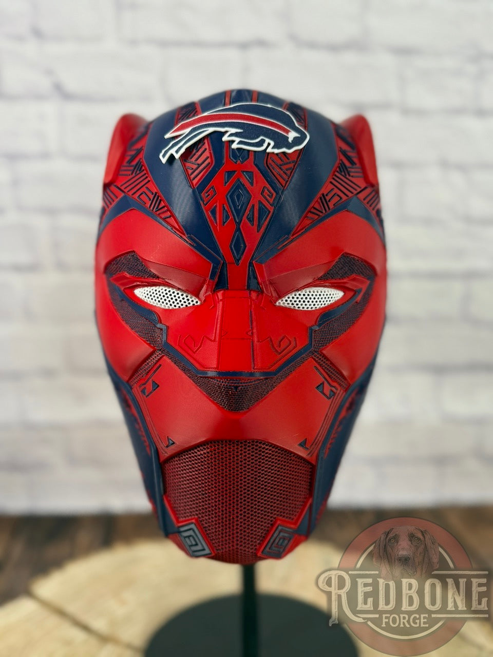 Buffalo-Inspired Navy & Red Tribal Cat Warrior Helmet
