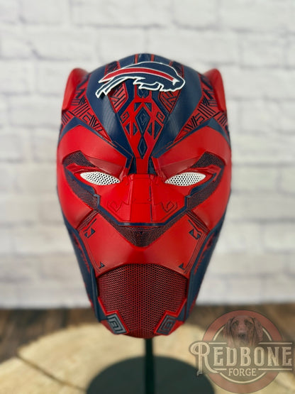 Buffalo-Inspired Navy & Red Tribal Cat Warrior Helmet