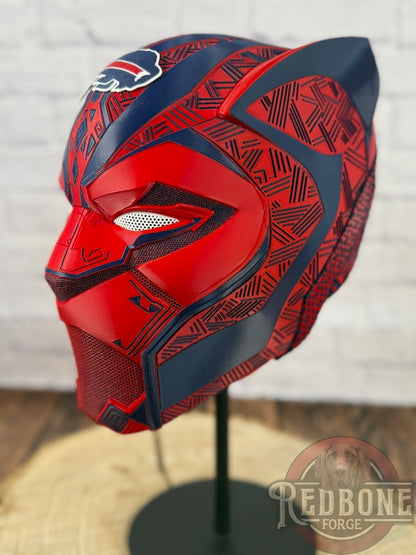 Buffalo-Inspired Navy & Red Tribal Cat Warrior Helmet