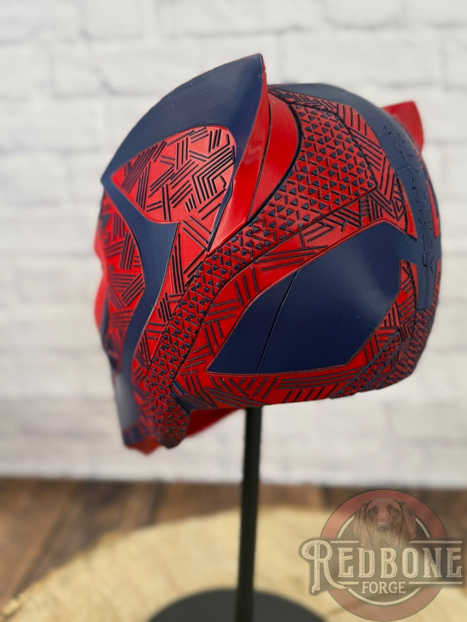 Buffalo-Inspired Navy & Red Tribal Cat Warrior Helmet