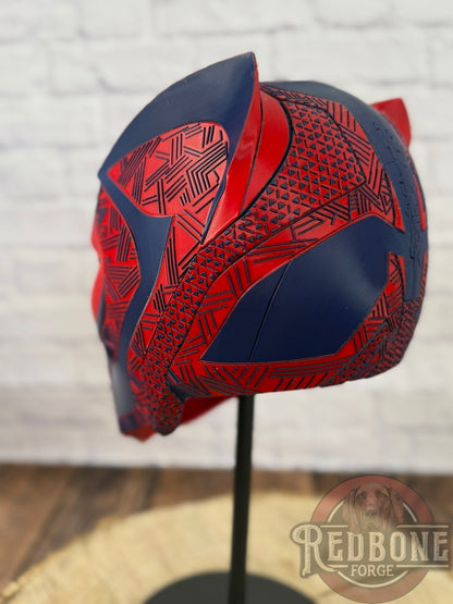 Buffalo-Inspired Navy & Red Tribal Cat Warrior Helmet