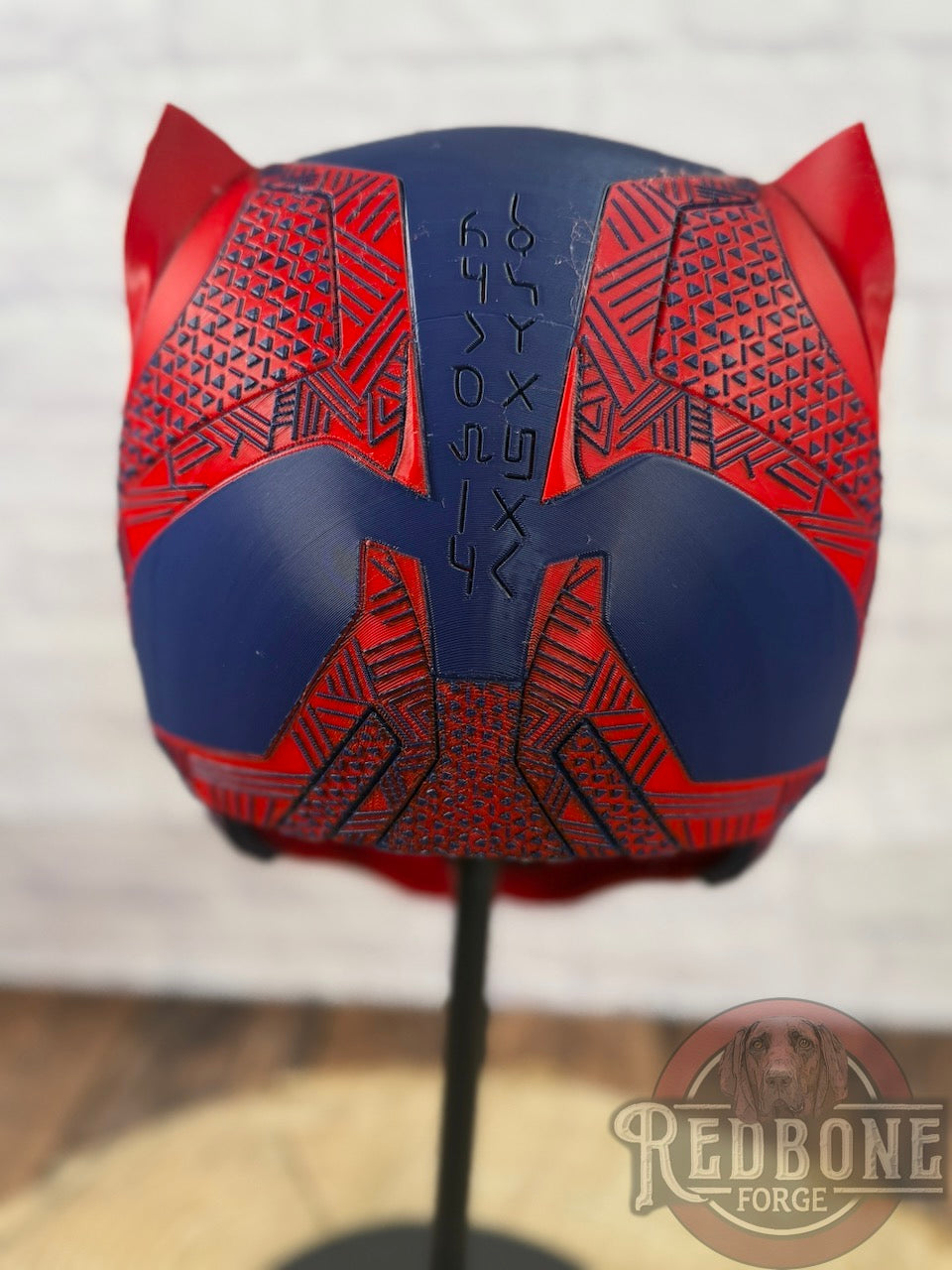 Buffalo-Inspired Navy & Red Tribal Cat Warrior Helmet
