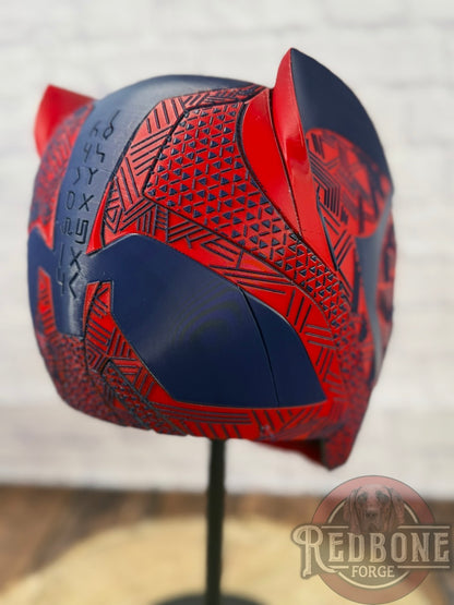 Buffalo-Inspired Navy & Red Tribal Cat Warrior Helmet