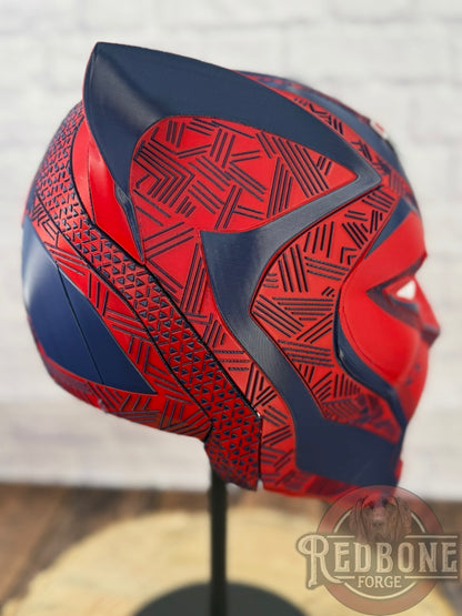 Buffalo-Inspired Navy & Red Tribal Cat Warrior Helmet