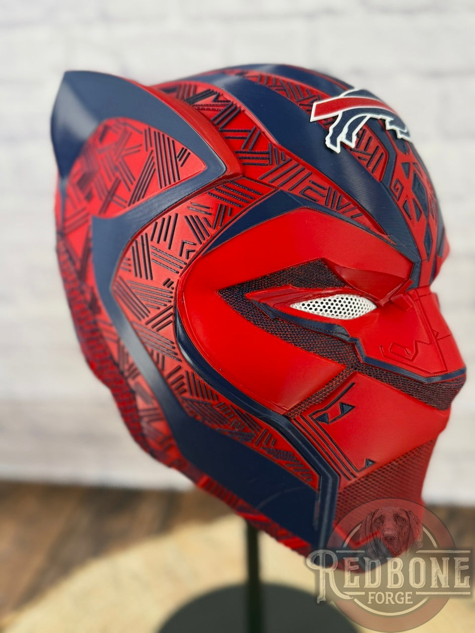 Buffalo-Inspired Navy & Red Tribal Cat Warrior Helmet